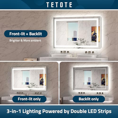 TETOTE LED Bathroom Mirror 60 x 36 Inch with Frontlit & Backlit Lighted Vanity Mirror Anti Fog Stepless Dimmable 3 Colors White/Warm/Natural,CRI90+ Double Lights,Wall-Mounted(Horizontal/Vertical)