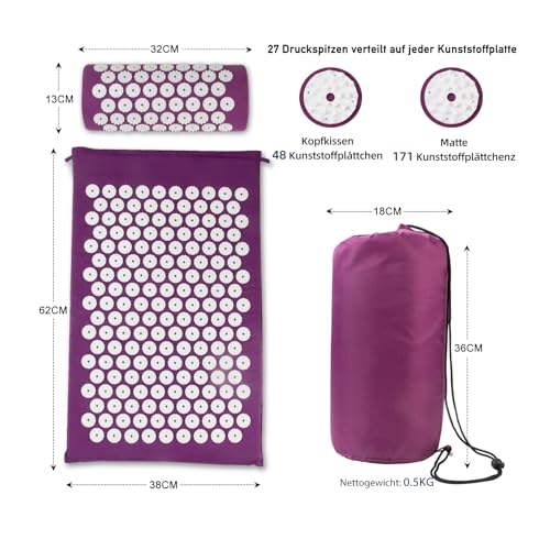 Akupressurmatte, Akupunktur matte, Akkupressmatte mit Kissen, Akkupressurmatte, Massagematte, Akupressure Set Purple, Akupressurmatte Rücken, Shiatsu matte, Fakirmatte,Lila