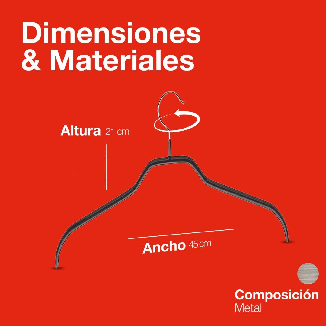 MAWA Perchas, Set de 50 Perchas Ahorra Espacio y Antideslizantes, Ideales para Camisas y Blusas, Gancho Giratorio 360°, Revestimiento Antideslizante, 45 cm, Negro