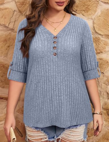 Image of Koscacy Women Plus Size V Neck 3 /4 Roll Sleeve Sweater Casual Knit Tops Solid Color Blouses