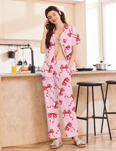 Image of Ekouaer Women's Cotton Pajamas Set Short Sleeve Button Down Pjs with Pants