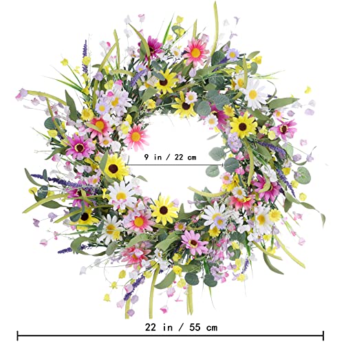 Yawwind 22 Inches Spring Wreaths For Front Door,Artificial Spring Wreath Summer Wreaths With Colorful Daisy Lavender And Green Eucalyptus Leaves For Spring Summer Indoor And Outdoor Decor #TOP1