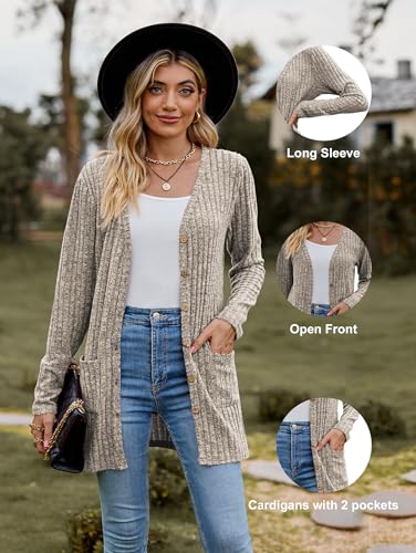 Famulily Damen Open Front Lange Strickjacken mit Taschen für Frauen Cosy Lose Open Front Pullover Mantel (M, Khaki)