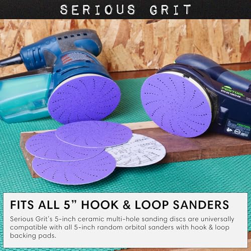 Image of Serious Grit - 5-Inch P80 Grit Ceramic Multi-Hole Sanding Discs - 50 Pack | Fits 5 inch Hook & Loop Sanders - Universal Dust Extraction Pattern - Film-Backed Heavy-Duty Sandpaper for Wood, Metal & Paint