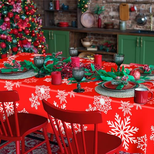 DYLIVeS 3 Pcs Red and Silver Snowflake Tablecloths, Christmas Frozen Snowflake Table Cover Disposable Plastic Winter Holiday Table Cloth for Christmas Birthday Party Decoration Supplies, 54 x 108 Inch – Image 5