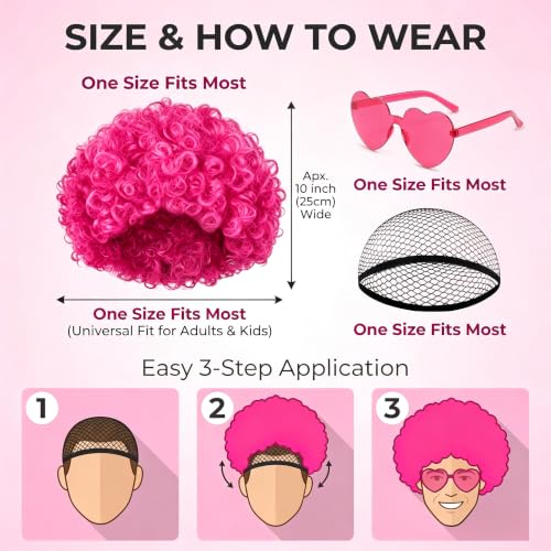 Image of FREE BEAUTY Hot Pink Afro Wig with Heart Sunglasses for Women Men, Colored Short Fluffy Curly Funny Party Afro Wigs 70s 80s Disco Hair for Disco Halloween Cosplay Costume Party Music Festival