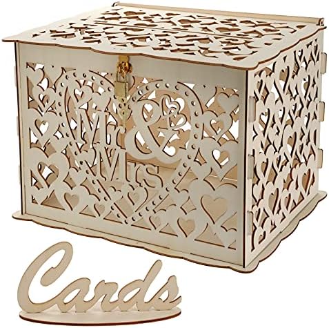 YOUEON Wood Wedding Card Box with Lock and Cards Sign Rustic Large Hollow Wedding Envelope Box Money Box Gift Card Box for Country Wedding Reception Bridal Shower Birthdays Baby Showers(Mr&Mrs, Brown)