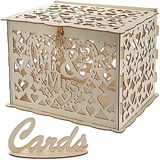 YOUEON Wood Wedding Card Box with Lock and Cards Sign Rustic Large Hollow Wedding Envelope Box Money Box Gift Card Box for Country Wedding Reception Bridal Shower Birthdays Baby Showers(Mr&Mrs, Brown)