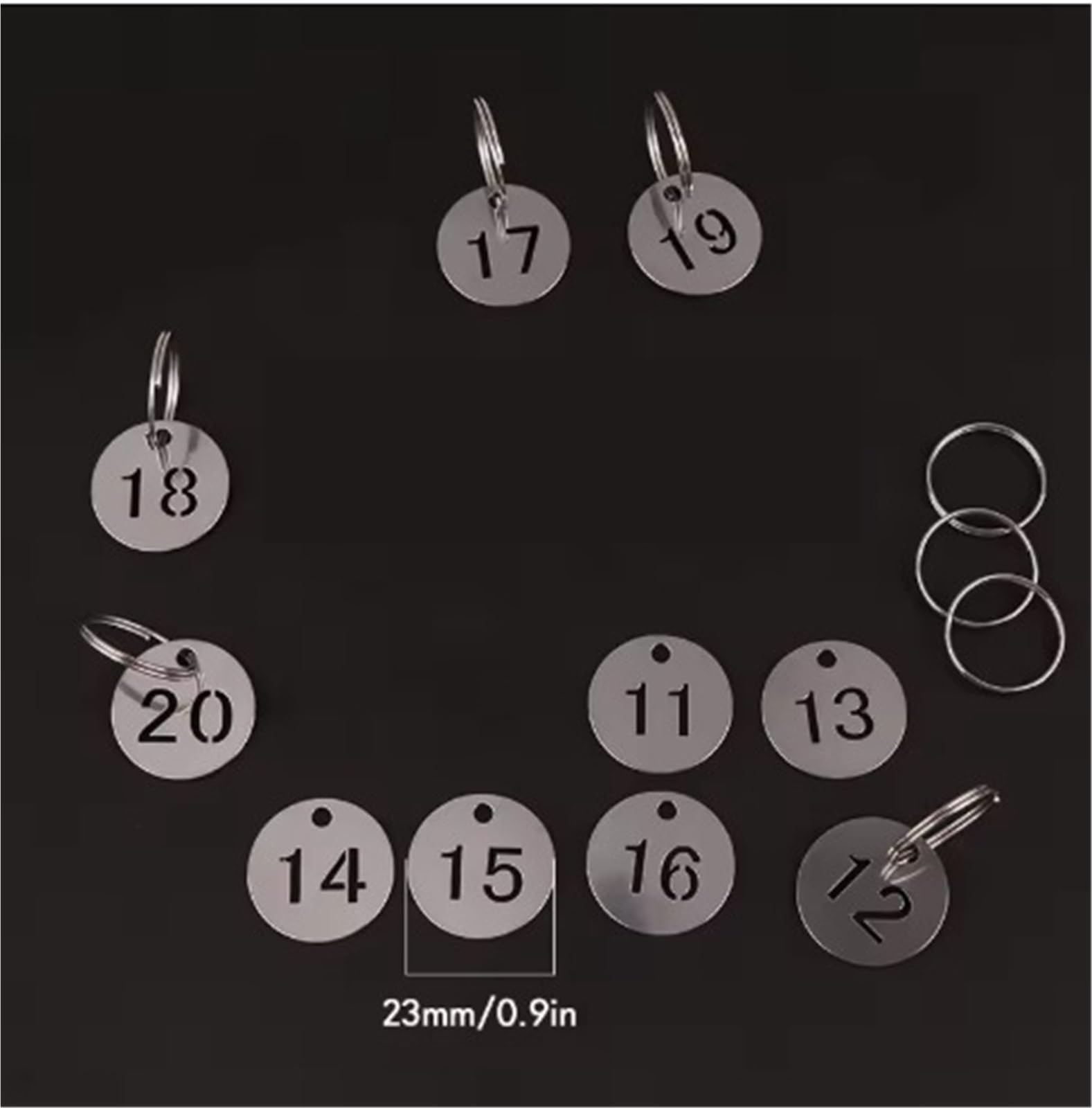 Etiquetas de plástico para números de identificación, 100 unidades, acero inoxidable, 23 mm, redondas, llaveros, cadenas de dulces, regalos de joyería para restaurante, cafetería, taquillas, hoteles