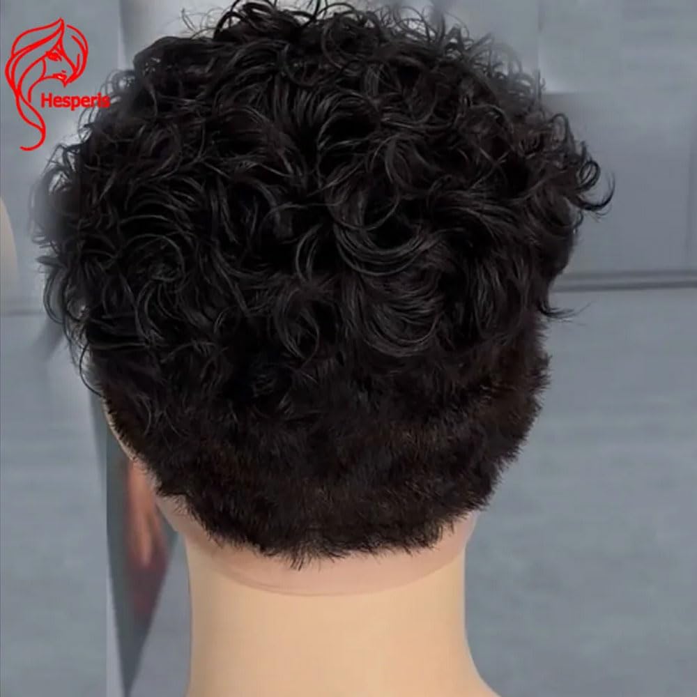 Hesperis Boy Wigs Brazilian Remy Curly Full Lace Human Hair Wigs Pre Plucked Natural Color Short Pixie Cut Full Lace Men Wigs Curly