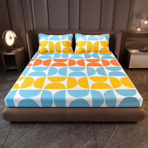 Image of Divine Casa Cotton King Size Bedsheet | 210 TC Soft Breathable Pigment Twill Satin Bed Sheet with 2 Pillow Covers | Luxury Bedding Set | 275 x 275 cm (Orange & Blue, Gemetic)