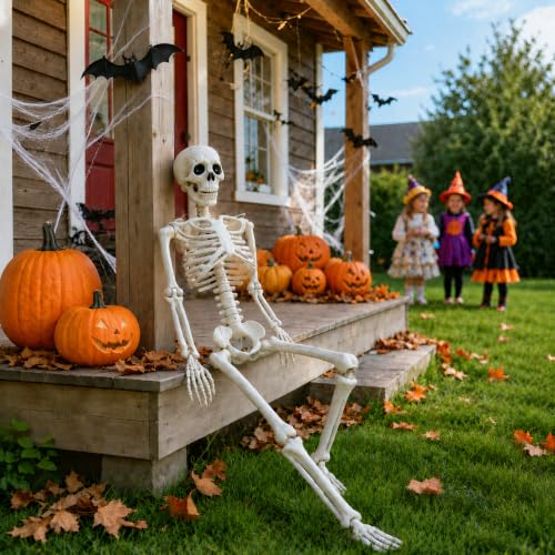 36" Halloween Skeleton with Metal Stand, Poseable Full Body Skeleton Decoration for Outdoor Yard, Garden, Porch, Indoor Haunted House, Movable Joints Human Bones Halloween Party Decor (1 Pack ) - image 2