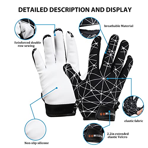 Gowisdom Sports Youth Football Receiver Gloves, Kids Silicone Grip Football Gloves With Super Stick, Black, Xs/S(5.5-6 Inch) #TOP4