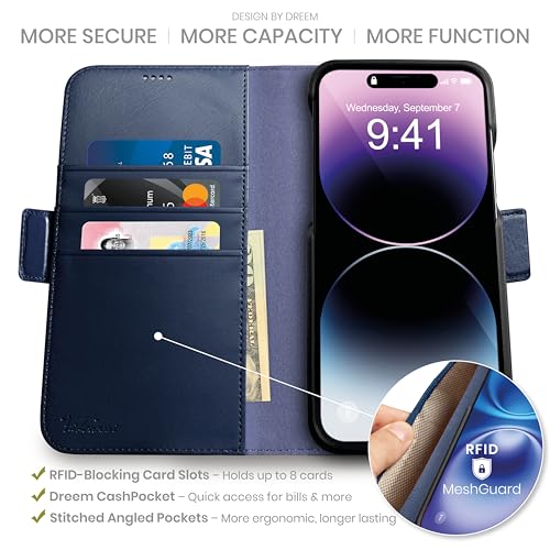 Image of dreem Fibonacci Compatible with iPhone 14 Plus Wallet case / 2-in-1 Shockproof case and Detachable Vegan Leather Folio, MagSafe Compatible, RFID Protection [Royal]