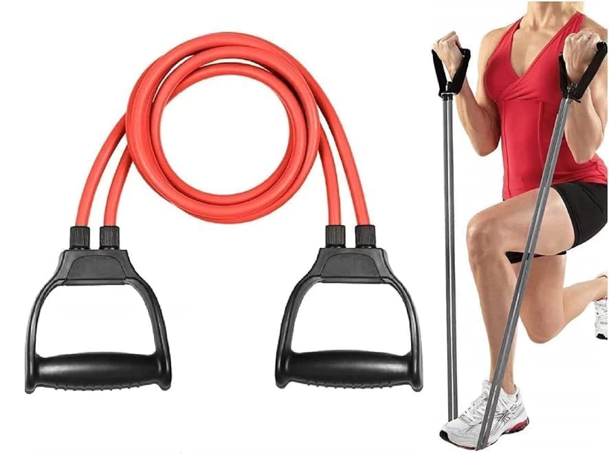 Image of D-fix Double Toning Resistance Tube Heavy Quality Pull Rope Elastic Rubber Exercise Band for Stretching, Workout, Home Gym with Grip D Shaped Handles for Men and Women with Workout -RED
