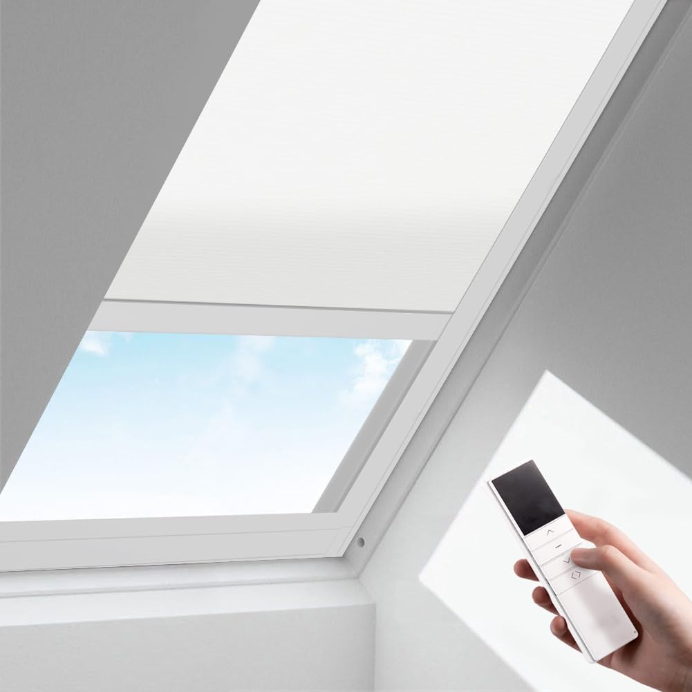 Zshine Motorized Cellular Shades Cordless Honeycomb Blinds Light Filtering Fabric Window Shades for Skylight (93020H White Sheer)