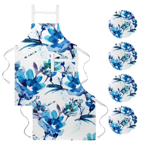 Tablier de cuisine à fleurs aquarelles bleues multicolore lot de 2 pièces