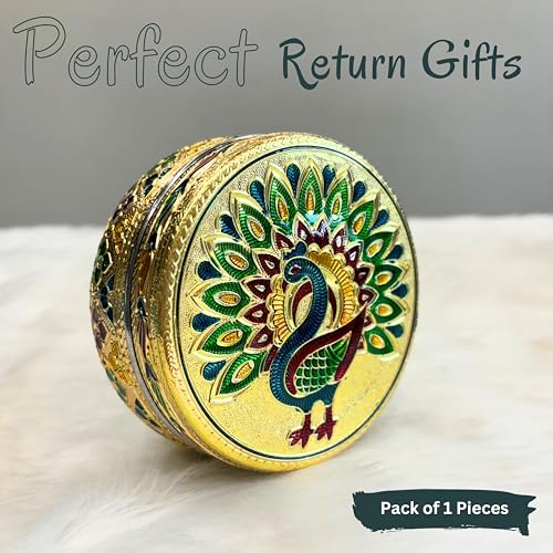 Image of NAVRANG Steel Container Box Meenakari Storage Box Golden Colour Peacock Design Pack Of 1 (10.5 x 10.5 x 5.5 Centimetre)