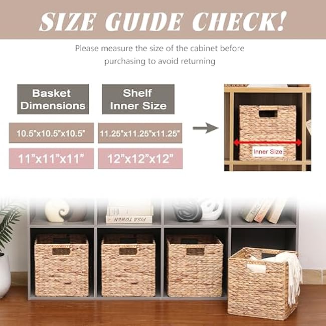 11.5x11.5x11.5in Water Hyacinth Storage Baskets, Woven Baskets for Storage, Wicker Storage Basket for Shelves Set of 3, suit for 12 inch Cube Cabinet