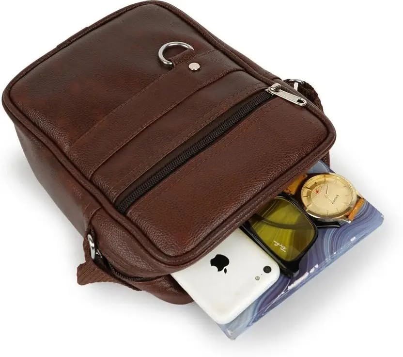 BILL BOND Men's Sling Bag Crossbody Shoulder Bag | PU Leather Side Bag with Adjustable Strap & Multiple Compartments for Travel, Office & Casual Use-Brown 2