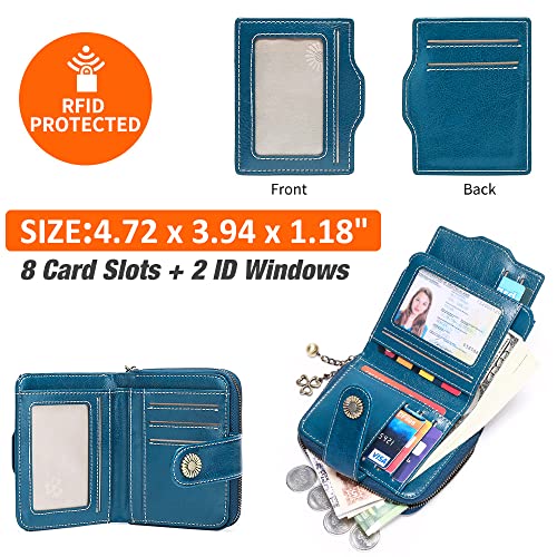 Image of GOIACII Cute Women's Wallets Ladies Leather Billfold Small Peacock Blue | RFID Blocking, Oil Wax Leather, 2 ID Windows, Compact Size, Multiple Card Slots, Zipper Coin Pocket, Bifold Card Holder