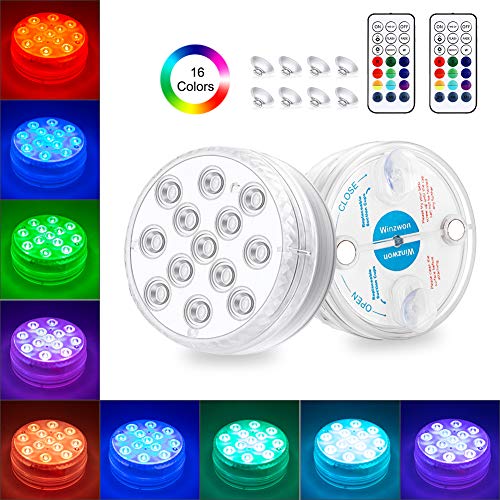 Winzwon Submersible Led Lights 2 Pack with Remote, Magnet, Suction Cups, IP68 Waterproof