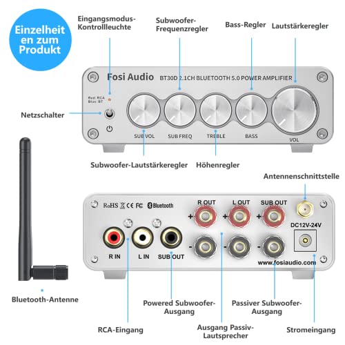 Fosi Audio BT30D-S Bluetooth 5.0 Verstärker 50 Watt x2+100 Watt Mini Hi-Fi Stereo Audio Class D...