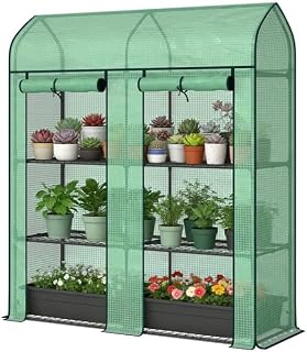 3 Tier Mini Greenhouse 56"x18"x65" Portable Plant Stand with 2 Doors | Durable 140 GSM PE cover, sturdy steel frame, 3 wire shelves & 2 roll-up zippered doors for patio, backyard & balcony.