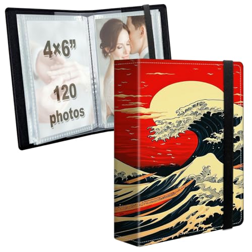 Image of Photo Album 4x6 120 Photos with Strong Elastic Band, Red Sun Ocean Wave | Large Capacity Premium Leather Picture Album, Portable Wallet Albums Photo Book for Family Anniversaries Wedding Baby
