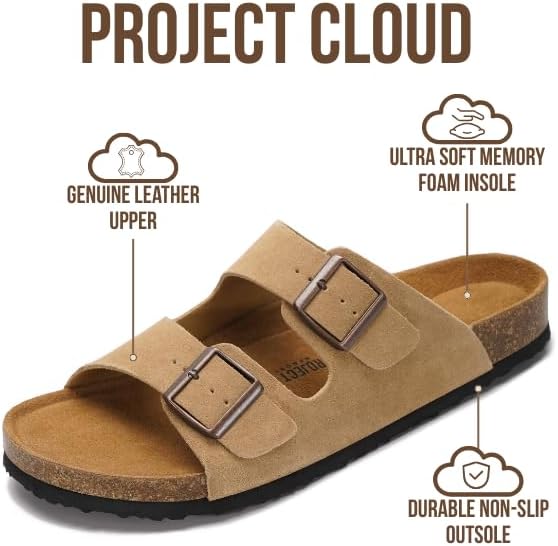 Project Cloud 100% Genuine Leather Mens Sandals - Memory Foam Insole & Cork Footbed Slides for Men Footwear - Non-Slip Summer Sandals for Men & Lightweight Mens Slides (Heritage) - Image 2