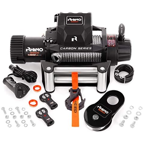 Rhino Electric Winch 12V 13500lbs / 6125Kg 26m Steel Cable Heavy Duty Reinforced Carbon Series Recovery Winch Including Fairlead Roller & Wireless Remotes Cover