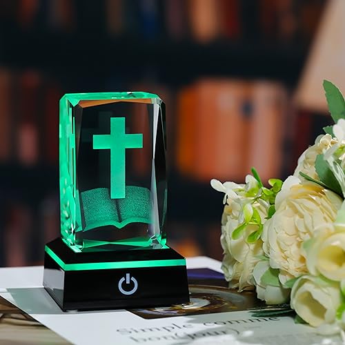 Image of Qianwei 3D Crystal Cross Bible Figurine with Colorful Light Base, Laser Engrave Religious Gifts for Women Man Christian Gifts for Friend Sister