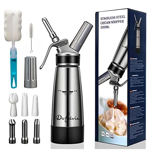 DWFALVIN Whipped Cream Dispenser - Professional Grade Whipped Cream Maker - 500mL (1 Pint) Stainless Steel Whipping Siphon - Cream Whipper/Silicon Grip (Easy Handle) - 6pcs Decorating Nozzles