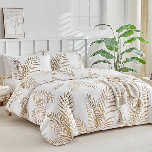 Image of Lekesky King Duvet Cover Set, White and Gold Tropical Palm Leaf Pattern Comforter Cover King Size, 3 Pieces Soft Microfiber Bedding Sets with Zipper & 2 Pillowcases, Comforter Not Included