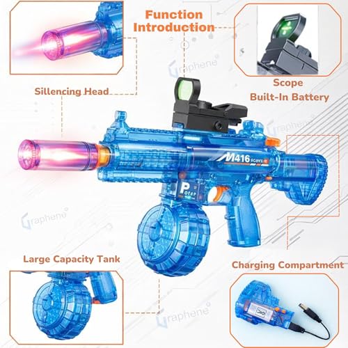Image of GRAPHENE Automatic Transparent Electric Holi Water Gun for Kids Rechargeable KRY Water Toy Gun Long Range LED Light Effect High Pressure Squirt Water Pistol Summer Fun Indoor Outdoor Boys Girls 3+4