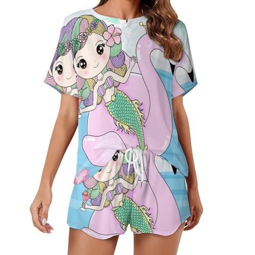 Ensemble de pyjama pour femme Flamingo Mermaid pyjacourt vêtement de nuit été