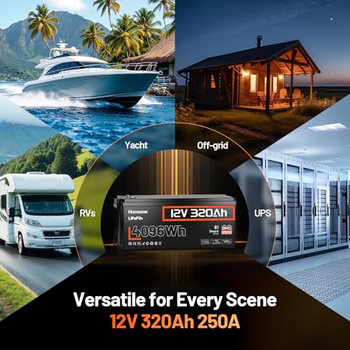 Image of HumsiENK 12V 320Ah LiFePO4 Lithium Battery with Bluetooth, 250A BMS,15000+Cycles 320Ah LiFePO4 Battery, IP65 & Low Temp Protection, 4096Wh Higher Energy Perfect for RV, Off-Grid, Solar Energy, 2PACK
