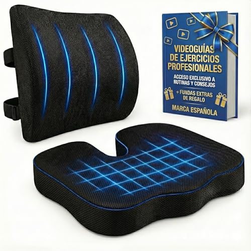 MORPAN Cojin Silla Oficina + Cojin Lumbar Silla Oficina | Videoguías de Ejercicios y Fundas Extra Incluidas | Diseño ergonómico para aliviar Lumbar y coxis, Ayuda en tu día a día
