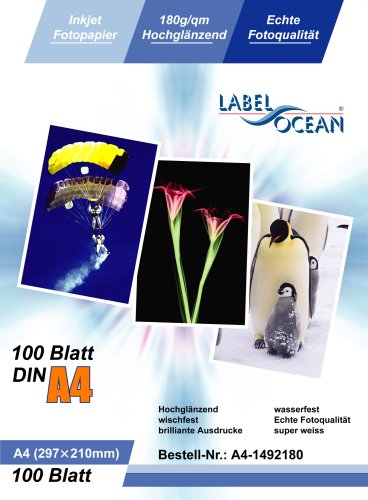 LabelOcean Premium Fotopapier 100 Blatt A4 180g/qm Highglossy hochglänzend wasserfest