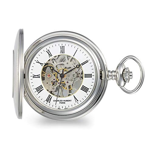 Sonia Jewels Charles Hubert Stainless Oval Engraving Area Skeleton Pocket Watch 14.5