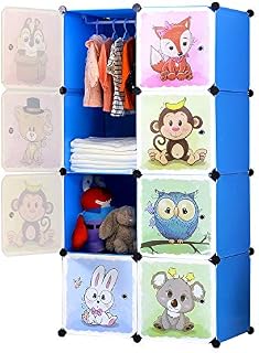 BRIAN & DANY Portable Cartoon Clothes Closet Wardrobe DIY Modular Storage Organizer, Sturdy and Safe for Children, 6 Cubes & 1 Hanging Section, Blue, 75 x 47 x 147 cm