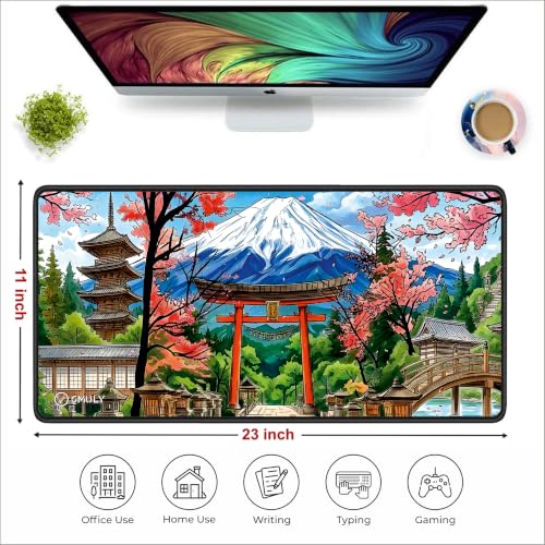 Image of Japanese Mountain Inspired Large Desk Mat, Extended Mouse Pad 58.5x28cm, Desk Pad, Washable Mousepad, 2mm Thick Non-Slip Rubber Base, Stitched Edges for Office, Home & Workstation (Multicolour)