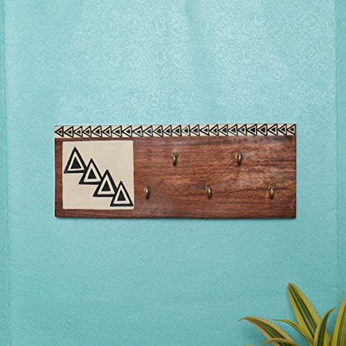 Image of Artysta 'Concentric Triangle' Orange and White Wooden Key Holder for Wall Stylish Decorative Keychain Holder Key Hanger for Home Decor (5 Hooks)