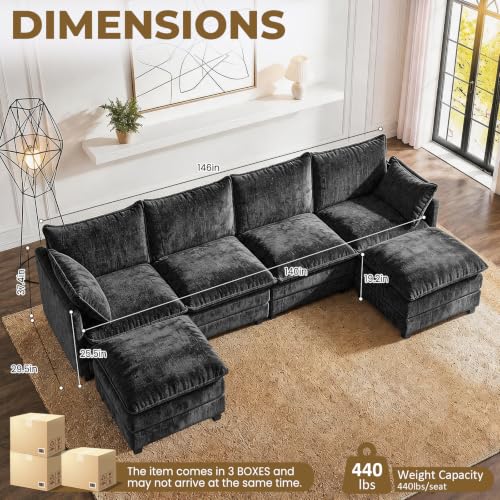Image of LEVELEVE 146 inch U-Shape Modular Sofa with 2 Ottomans, Deep Seat Cloud Convertible Sleeper, 2 Arm Pillows, Comfortable Large Upholstered Furniture for Living Room Apartment, Black