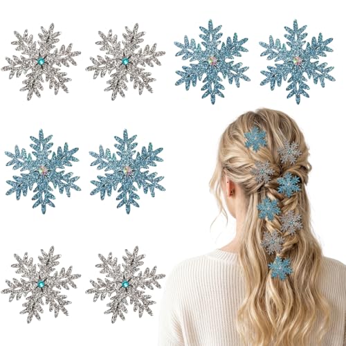 8 Pcs Glitter Snowflake Hair Clips Set Silver Blue Shiny Winter Hair Accessories Snowflake Decorations for Women Girls