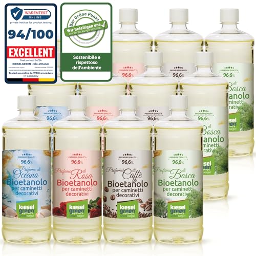 KieselGreen Bioethanolo 12 x 1 litro con Fragranza per Caminetto a Etanolo – Bio-etanolo profumato per Ambienti, molte Fragranze - Profumo per Caminetto a bioetanolo da Interno o da Tavolo