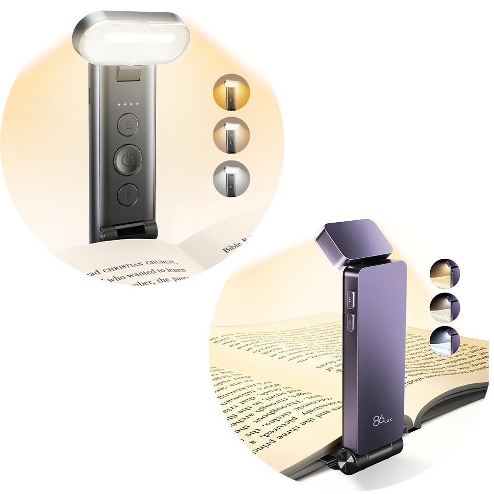 86lux Book Light, Reading Light for Book in Bed, USB Rechargeable LED Night Light with 3 Colors & Limitless Dimming, Aluminum Alloy Bookmark Light for Book Lovers,Technology Black