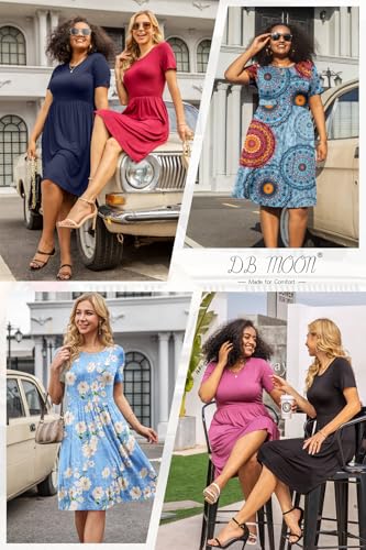 Image of DB MOON Women Summer Casual Short Sleeve Dresses Empire Waist Dress with Pockets