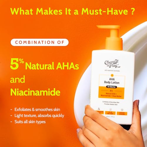 Image of Chemist At Play AHA Body Lotion for Dry Skin | Exfoliates Dead Skin, Deeply Nourishes & Boosts Radiance | With 5% Natural AHA, Niacinamide & Shea Butter | Skin Brightening & Moisturising Lotion- 473ml