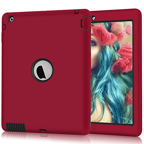 Hocase for iPad 2/3/4 Case, Rugged Slim Shockproof Soft Silicone Rubber+Hard Plastic Hybrid Dual Layer Protective Case for iPad 2nd/3rd/4th Generation (9.7-inch Display) - Red